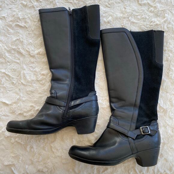 Clarks Women’s Knee High Ingalls Riding Boots 11 Black Leather Buckle Western - Picture 3 of 15